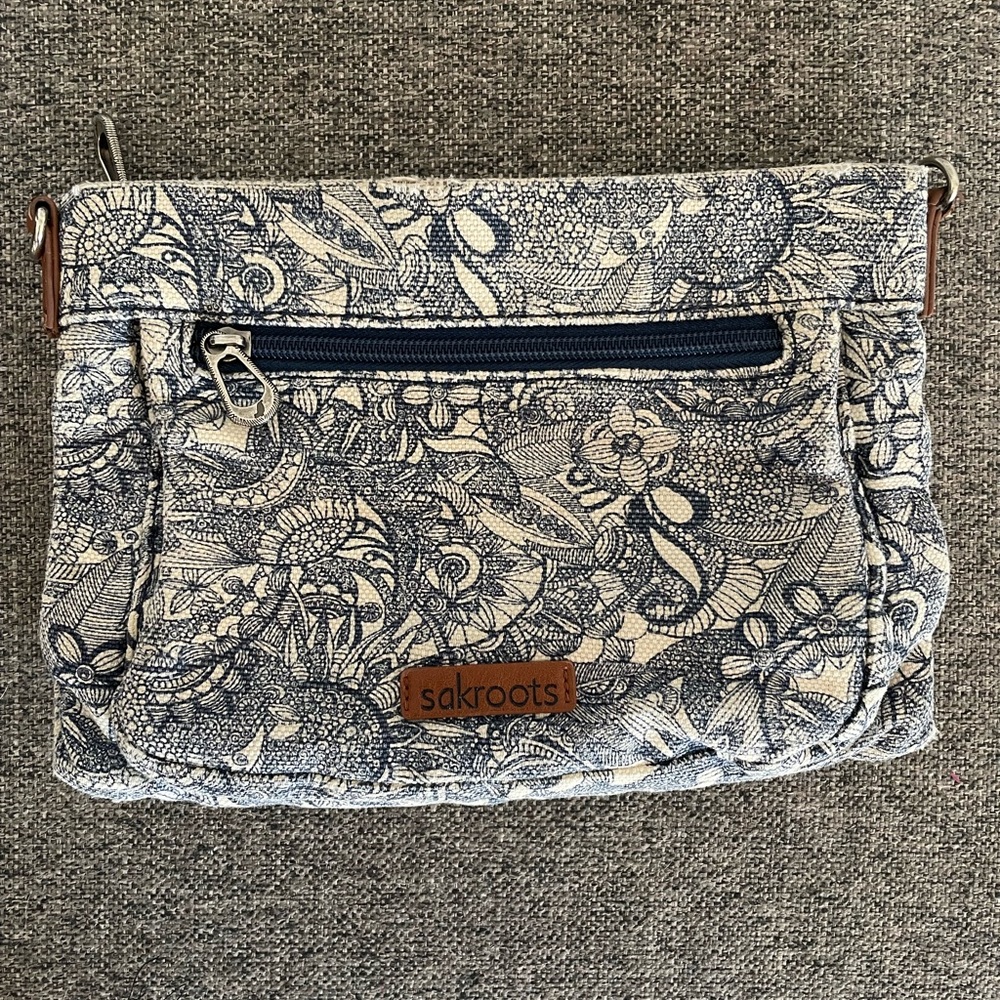 Sakroots Blue and Cream Denim Material Clutch with Vintage-Inspired Print